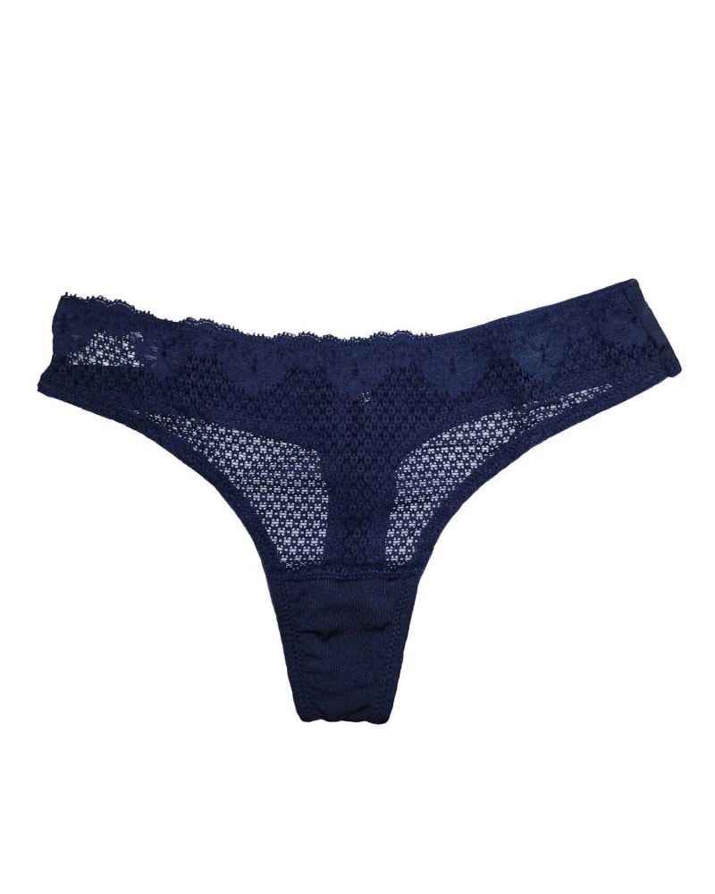 Front of a size Large Duet Lace Low Rise Thong in Dark Denim in Dark Denim by Timpa Lingerie. | dia_product_style_image_id:343328